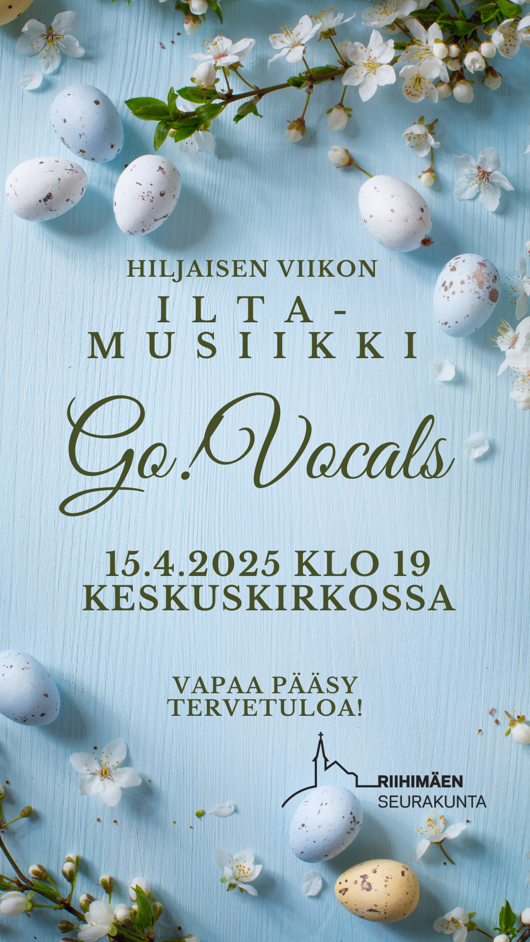 Go!Vocalsin hiljaisen viikon konsertti Kuoron esite. Tekstiä Klo 19 Go!Vocalsin hiljaisen viikon konsertti, Keskuskirkko. Kuoroa johtaa Marjut Sipakko. Vapaa pääsy.