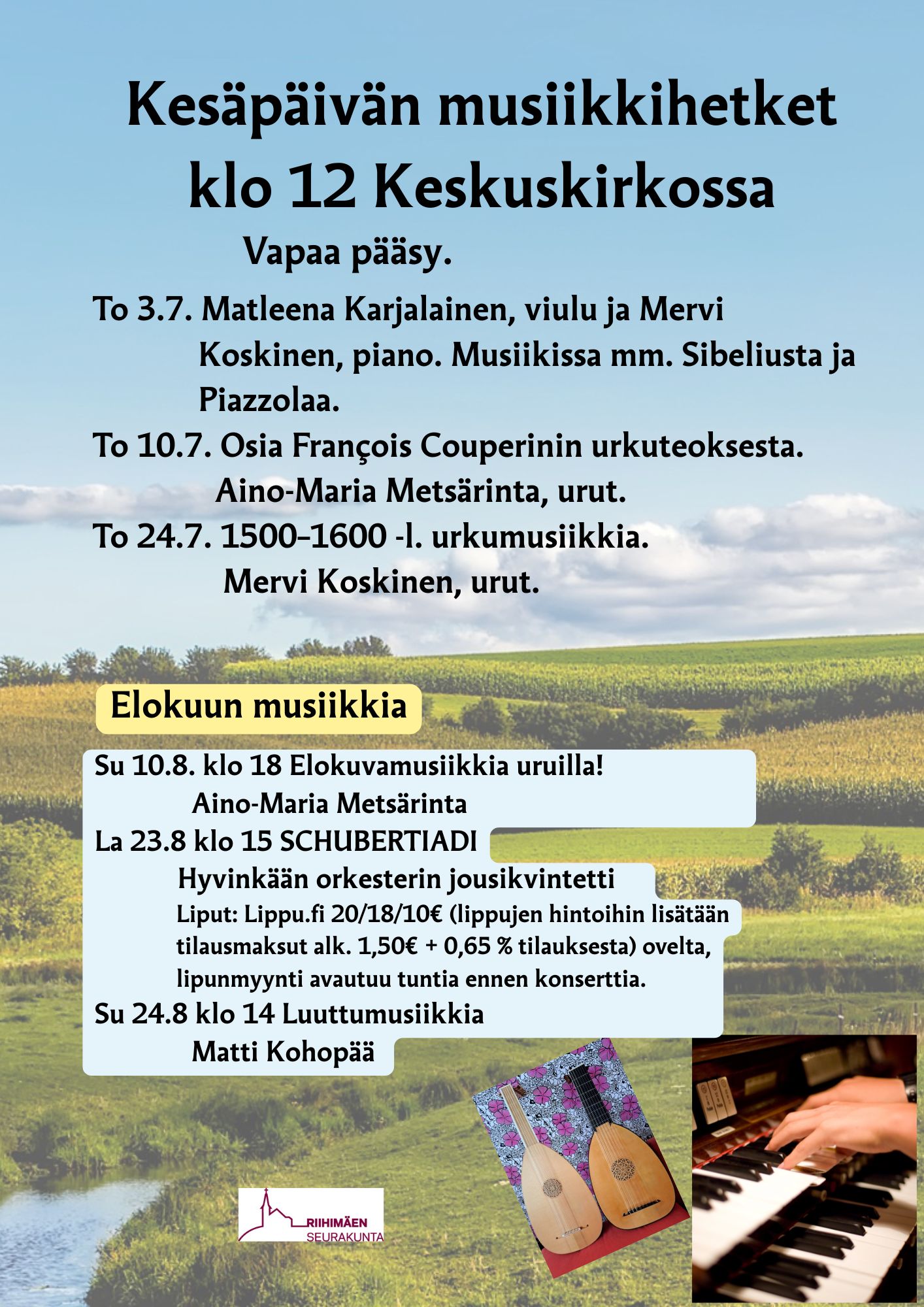 Kesäpäivän musiikkihetki Esite. Kuvituskuvassa urkujen soittoa ja 2 luuttua.