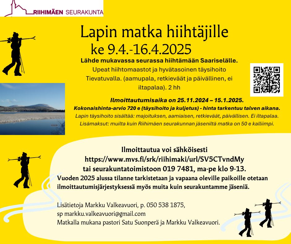 Lapin matka hiihtäjille Lapin hiihtovaelluksen esite. Saariselän tuntu. Hiihtovarusteet. Riihimäen seurakunnan bussimatka. Kysy lisätietoja. Hinta tarkentuu vuoden 2025 alussa.