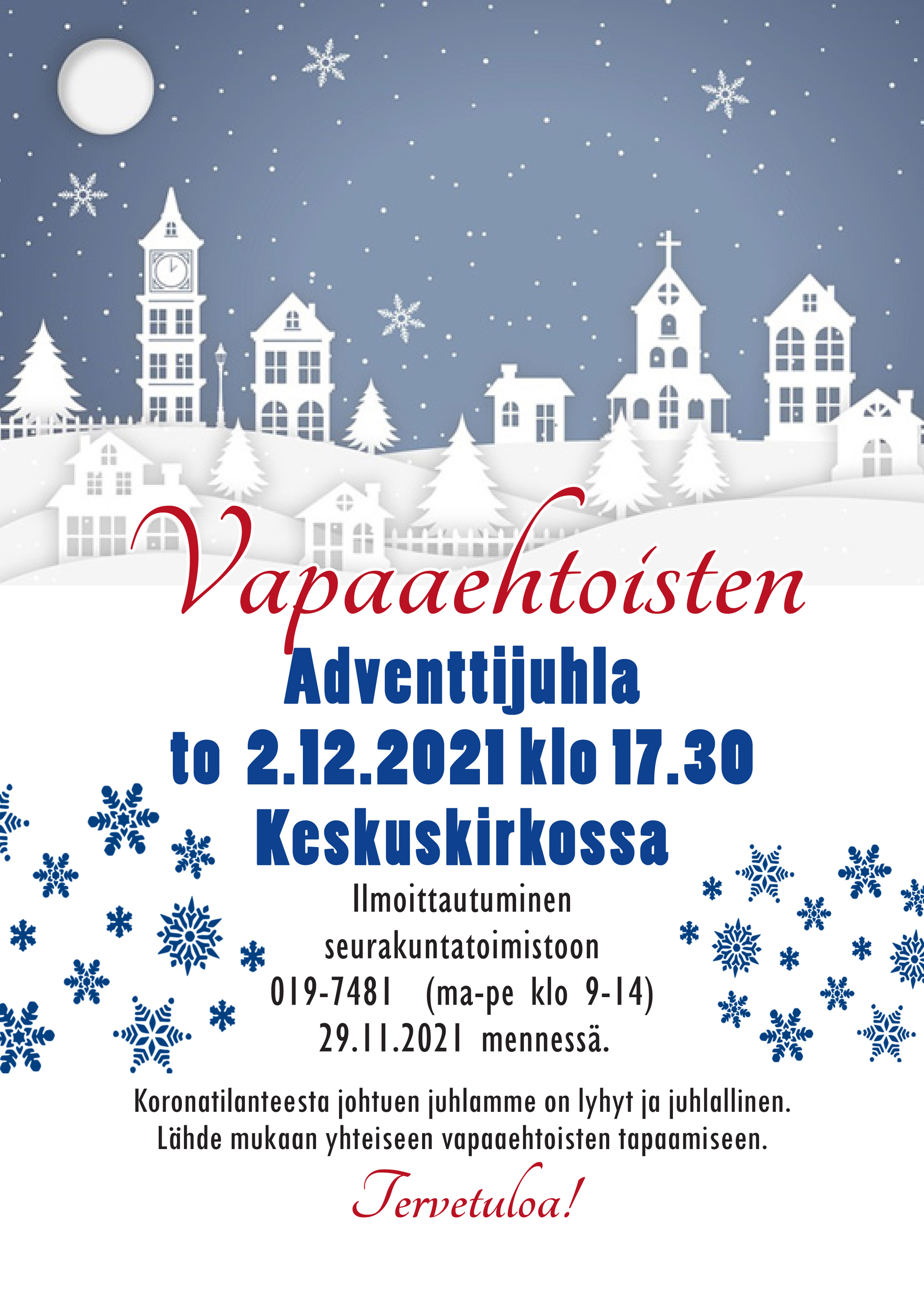 Vapaaehtoisten Adventtijuhla esite juhlasta, tunnelmallinen sini-valkoinen piirroskuva taloista