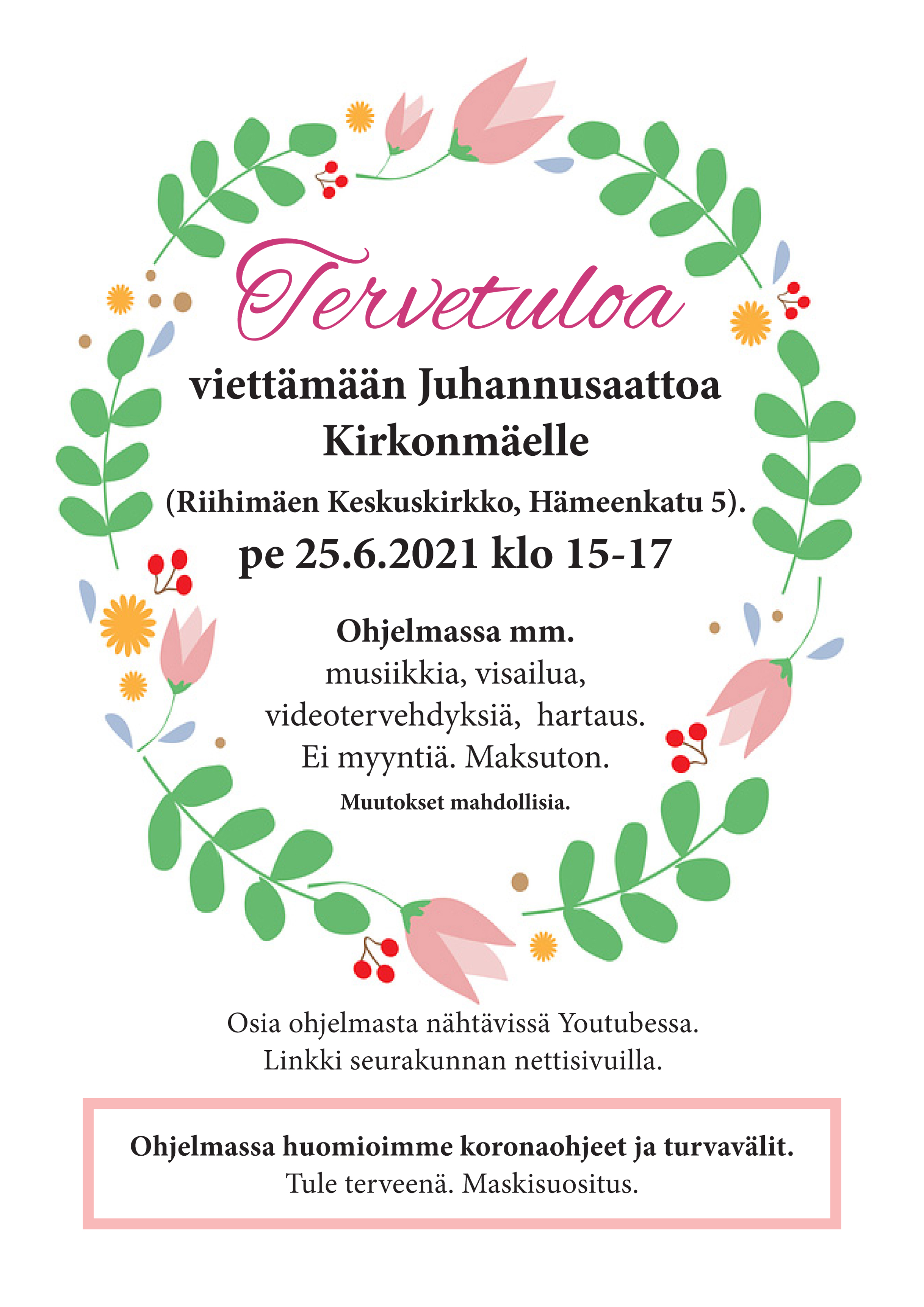 Juhannusjuhla Kirkonmäellä juhannusaaton ohjelmamainos