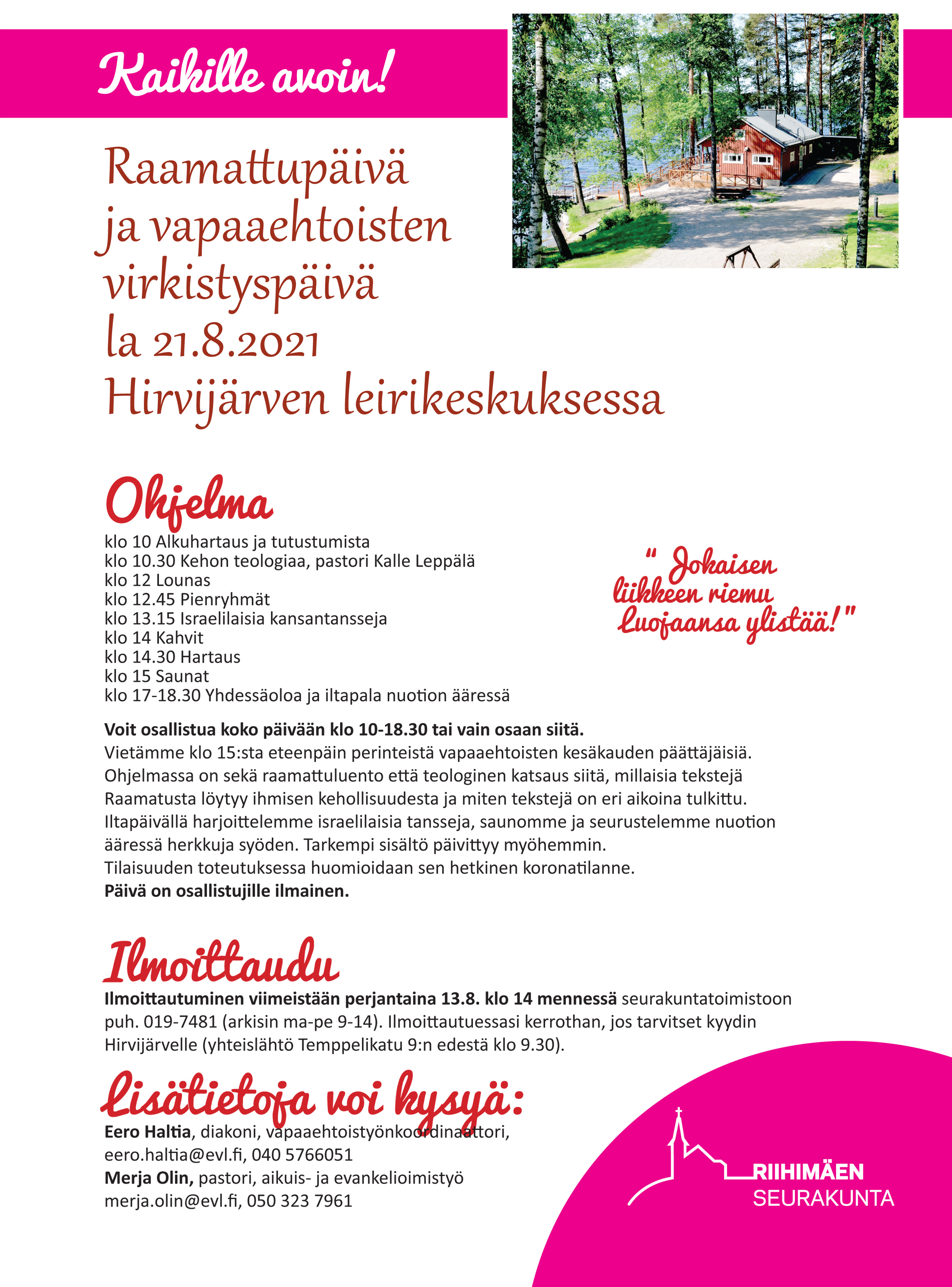 Raamattupäivä ja vapaaehtoisten virkistyspäivä päivän ohjelma esite