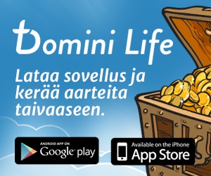 Domini Life: Lataa sovellus ja kerää aarteita taivaaseen. Google play ja App store -symbolit.